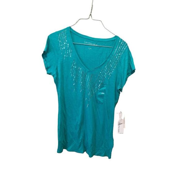 Calvin Klein Sequin Top Women's Medium Teal Cotton V-Neck Short Sleeve Pullover - Picture 1 of 4